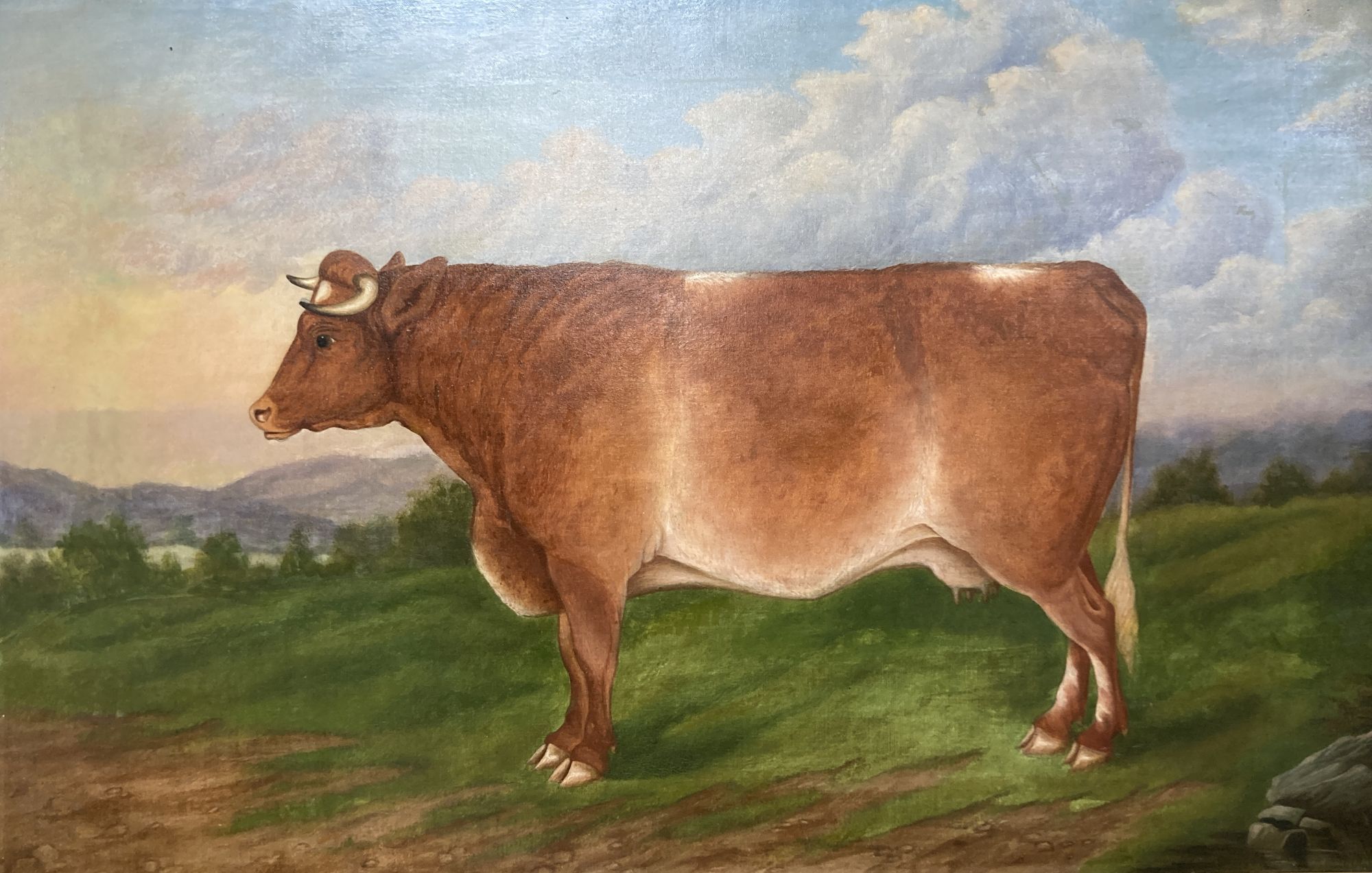 19th century English School, oil on canvas, Cow in a landscape, 60 x 92.5cm